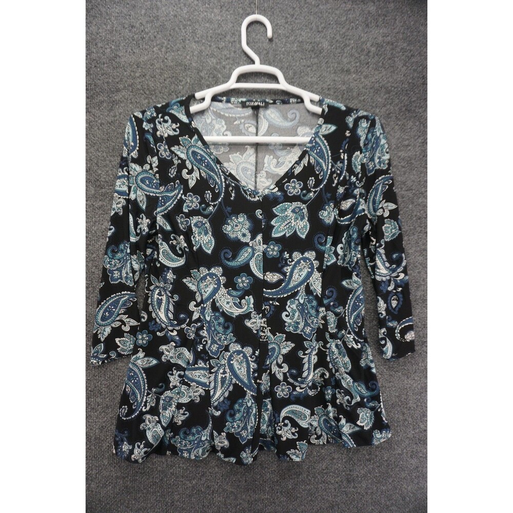 Roz & Ali Blouse Large Paisley Floral Top Split VNeck 3/4 Sleeve Black Blue Teal